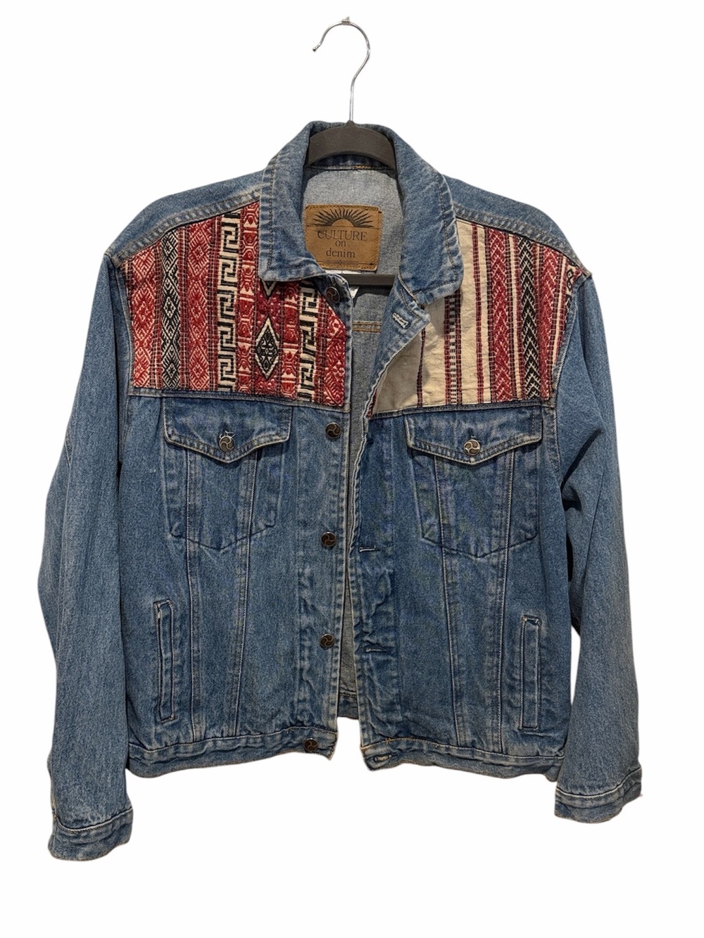 Culture on denim vintage denim cotton jacket with woven Aztec pattern Medium